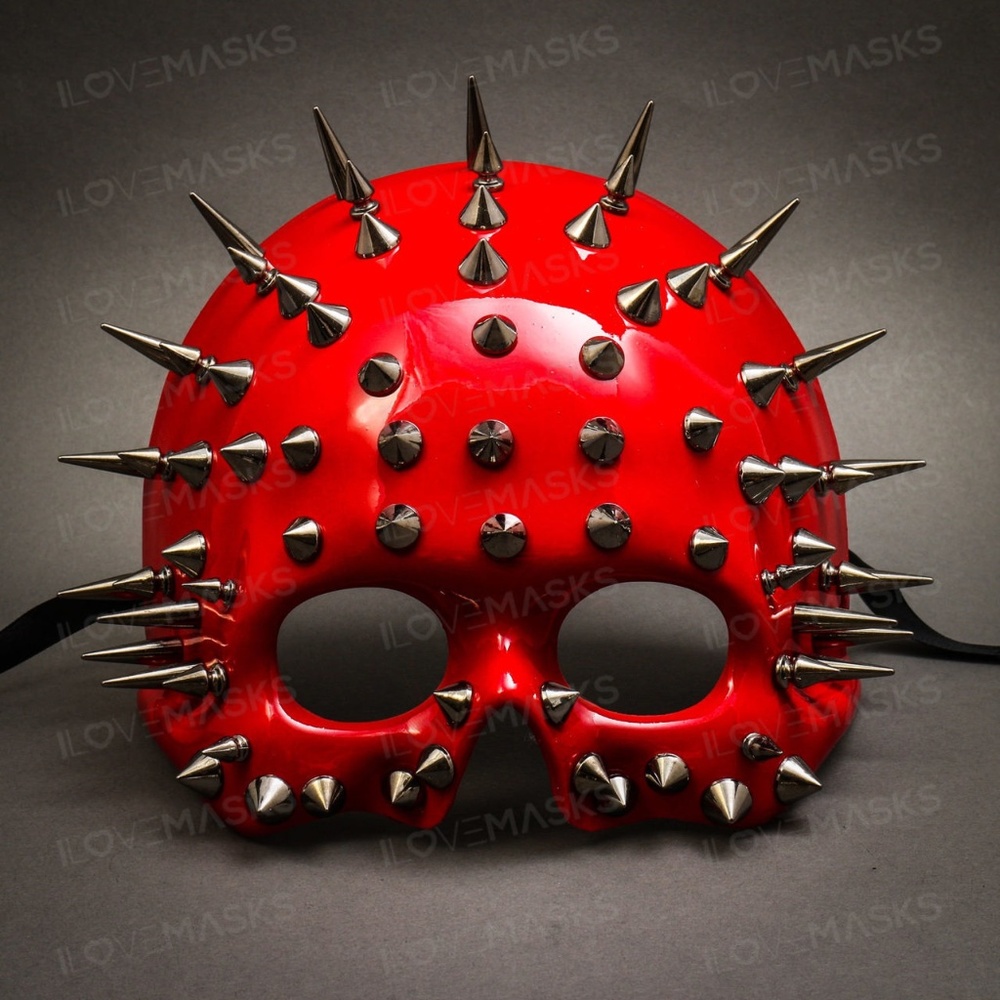 Skull Steampunk Spike Top Masquerade Mask -Red